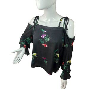 Vince Camuto Black Floral Off-Shoulder Blouse Size M Crop Ruffle Bell Sleeve